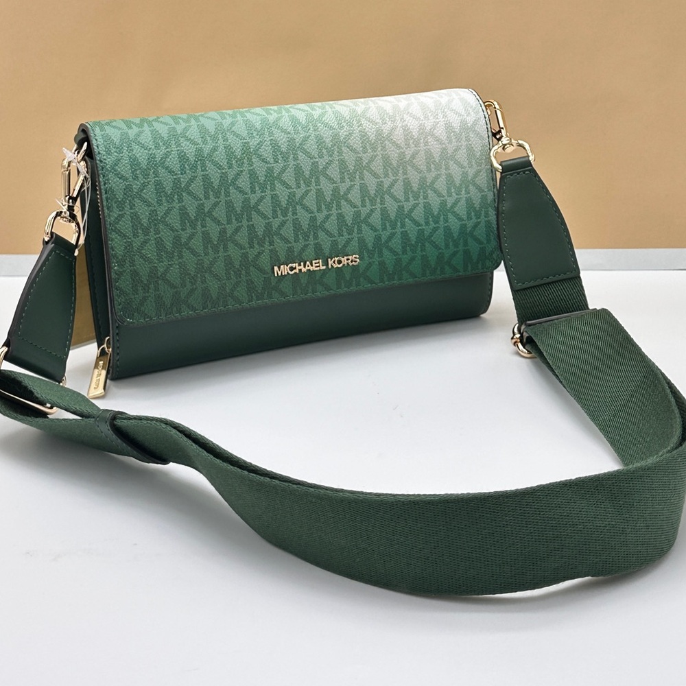 Michael Kors Jet Set Item Large Zip Around Wallet Crossbody Bag MK Ombre Green